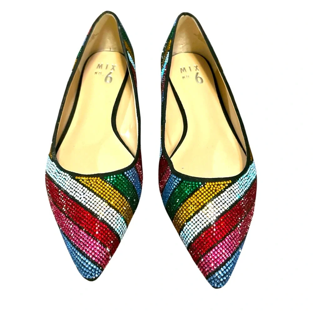 Pointed Toe Slip Flat Multicolor Rhinestone Size 8M